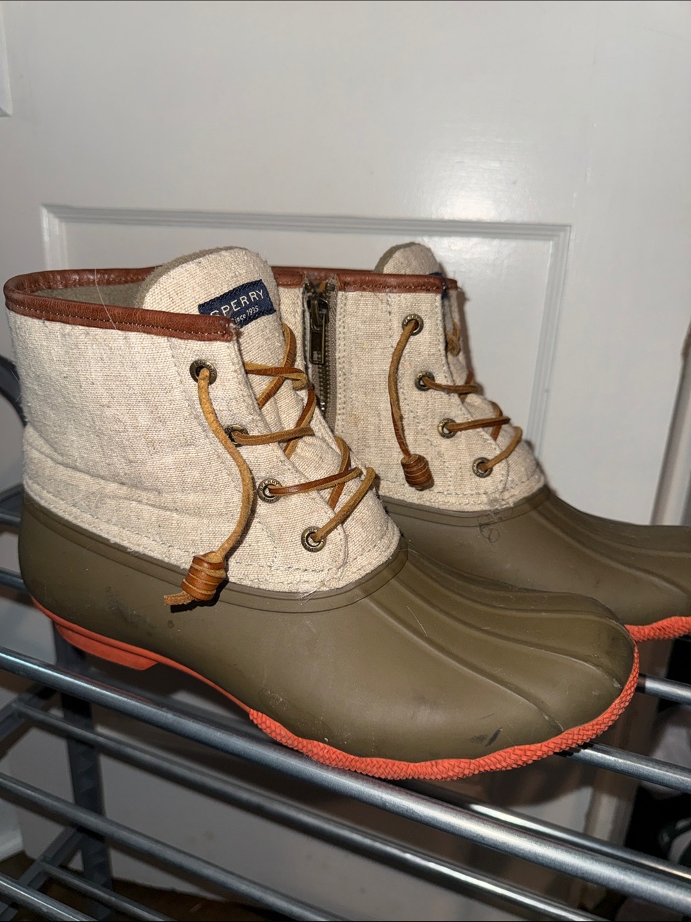 Sperry Beige Fabric and Olive Rubber Duck Boots with Orange Trim